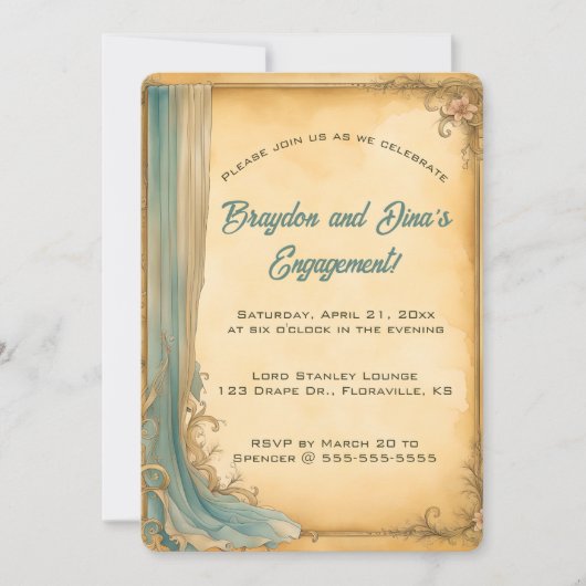 編集可能な青いドレープと花 招待状 (正面)