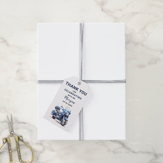 編集可能な青いバイクの誕生日感謝タグ ギフトタグ (より糸付き)