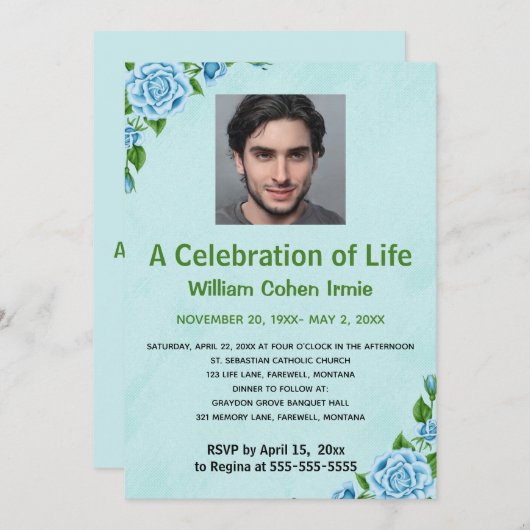 編集可能な青いバラの写真 人生の祝い 招待状 (正面/裏面)