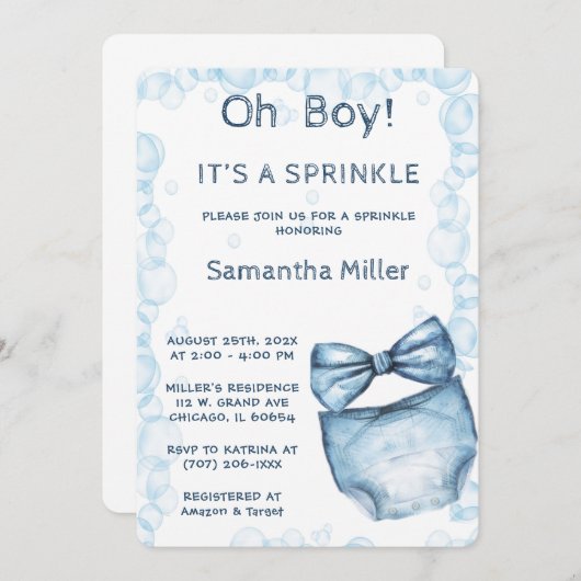編集可能な青い散水赤ちゃんシャワー 招待状 (正面/裏面)