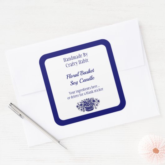 編集可能な青い白いヴィンテージ花正方形ラベル スクエアシール (封筒)