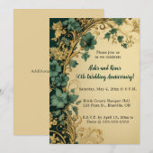 編集可能な青い花と金の渦巻きの結婚記念日 招待状 (正面/裏面)