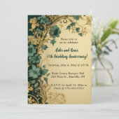 編集可能な青い花 ゴールドの渦巻き 記念日 招待状 (スタンド正面)