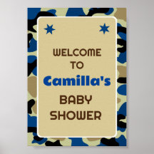 編集可能な青い迷彩柄パーティーウェルカムサイン