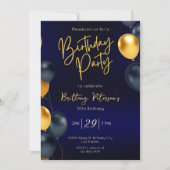 編集可能な青と金ゴールド誕生日招待状 男性へ 招待状 (正面)