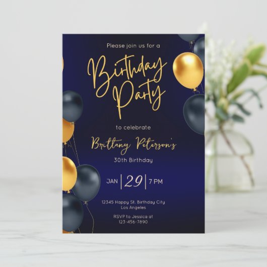 編集可能な青と金ゴールド誕生日招待状 男性へ 招待状 (スタンド正面)