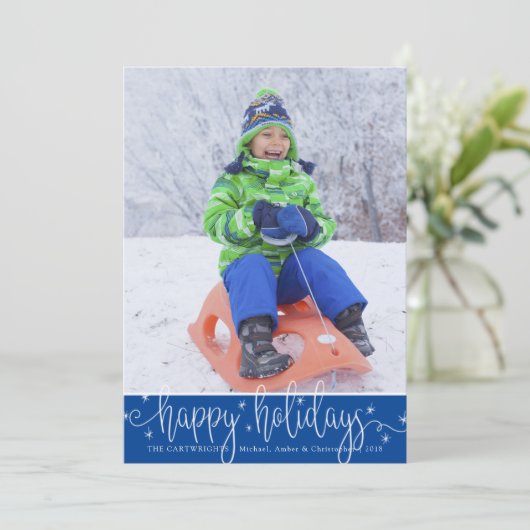 編集可能な青 | ホワイトスクリプトハッピーホリデー シーズンカード (スタンド正面)