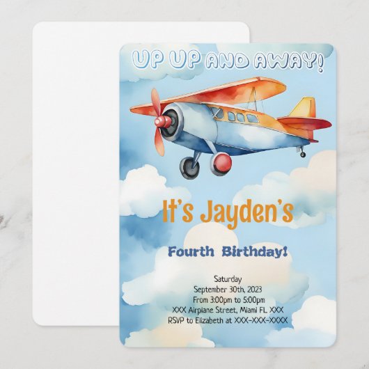 編集可能な飛行機の誕生日パーティー 招待状 (正面/裏面)