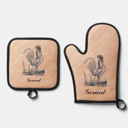 編集可能な鶏と名前 鍋つかみ&鍋敷きセット (正面)