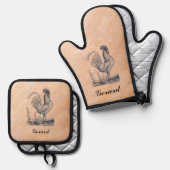 編集可能な鶏と名前 鍋つかみ&鍋敷きセット (正面/裏面)