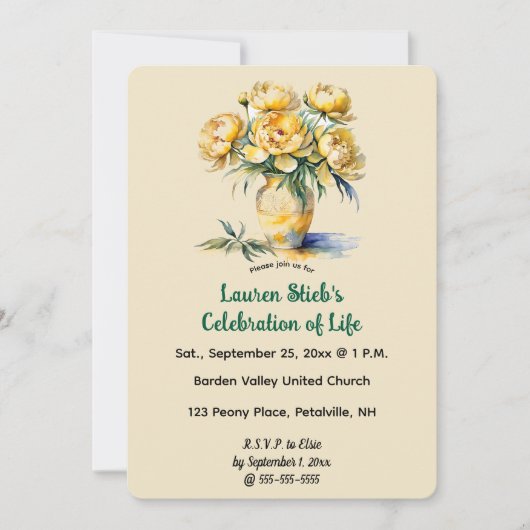 編集可能な黄色の芍薬 招待状 (正面)