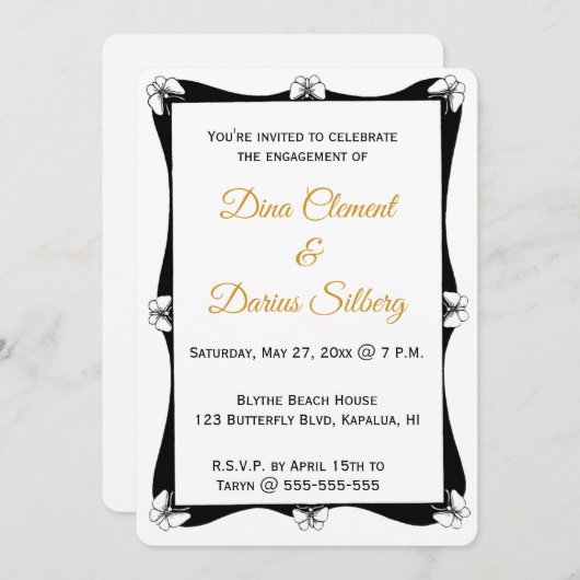 編集可能な黒と白の蝶のフレーム 招待状 (正面/裏面)