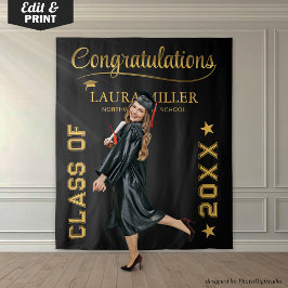 編集可能な黒と金ゴールドの卒業写真の背景 タペストリー