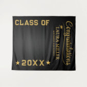 編集可能な黒と金ゴールドの卒業写真の背景 タペストリー (正面(横))