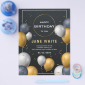 編集可能な黒と金ゴールドバルーン大人誕生日 チラシ (シングル)