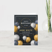 編集可能な黒と金ゴールドバルーン大人誕生日 招待状 (正面)