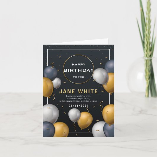 編集可能な黒と金ゴールドバルーン大人誕生日 招待状 (正面)