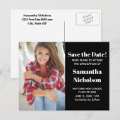 編集可能な黒色の卒業記念日フォト Save Date 案内ポストカード (正面/裏面)