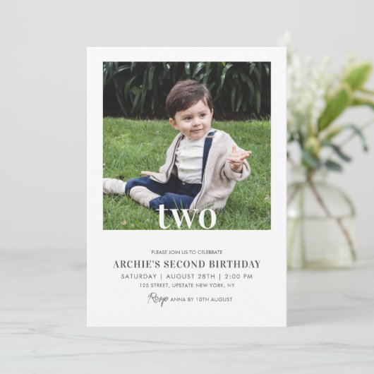 編集可能な2nd誕生日フォトボーイミニマル写真 招待状 (スタンド正面)