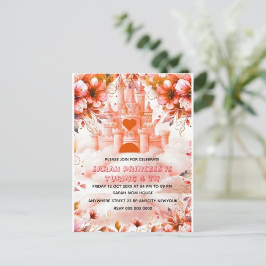 編集可能な4回のプリンセス4th誕生日の招待 案内ポストカード (スタンド正面)