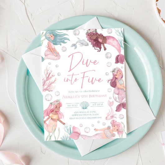 編集可能な5人の人魚の誕生日パーティー招待状のプリント 招待状