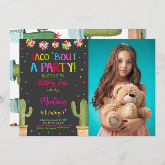 編集可能なFiesta誕生日パーティーの写真 招待状 (正面/裏面)