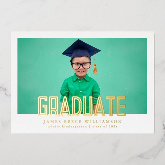 編集可能はっきりした金ゴールド写真幼稚園卒業 箔招待状 (正面)