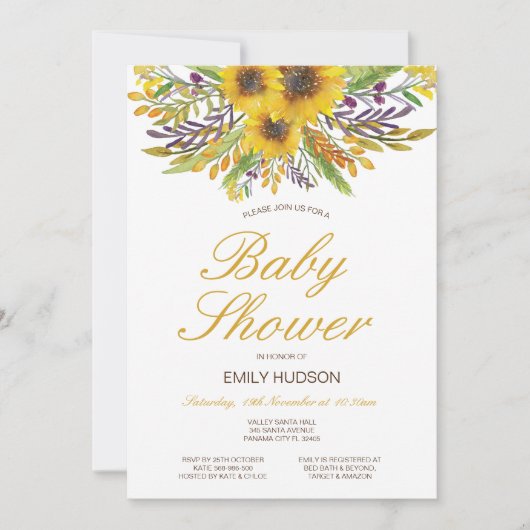 編集可能ひまわり赤ちゃんシャワー招待状、パーティー 招待状 (正面)