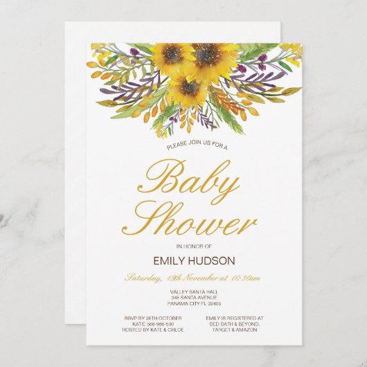 編集可能ひまわり赤ちゃんシャワー招待状、パーティー 招待状 (正面/裏面)