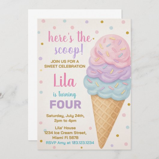 編集可能アイスクリーム誕生日招待状 招待状 (正面/裏面)