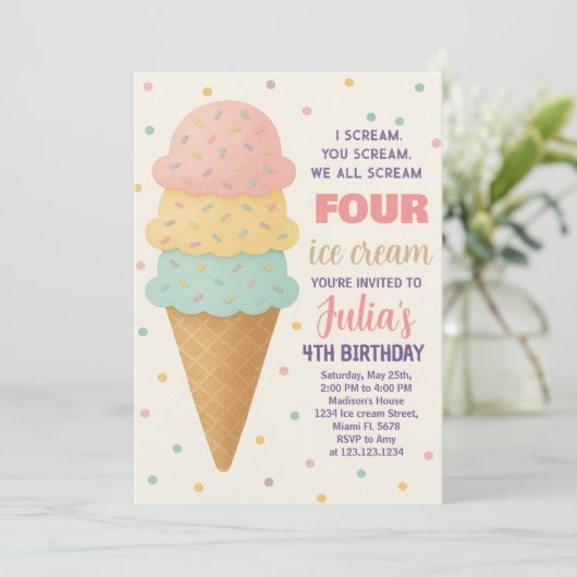 編集可能アイスクリーム誕生日招待状 招待状 (スタンド正面)