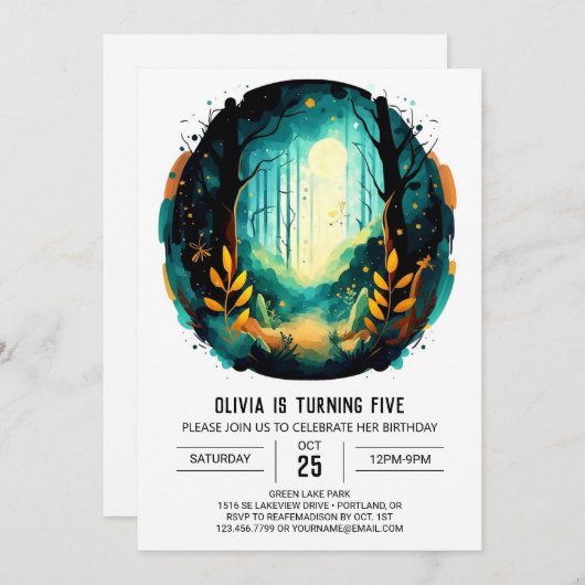 編集可能アドベンチャー自然ウッドランド誕生日 招待状 (正面/裏面)