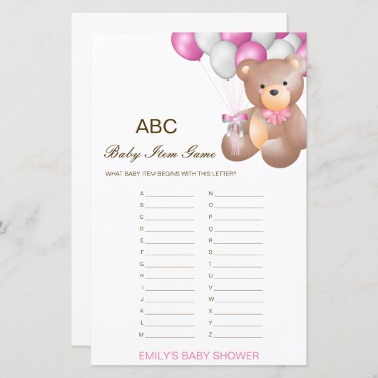 編集可能アルファベットベビーアイテム赤ちゃんシャワーゲーム (正面/裏面)