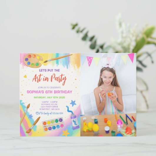 編集可能アート絵を描パーティーのパーティー誕生日写真 招待状 (スタンド正面)