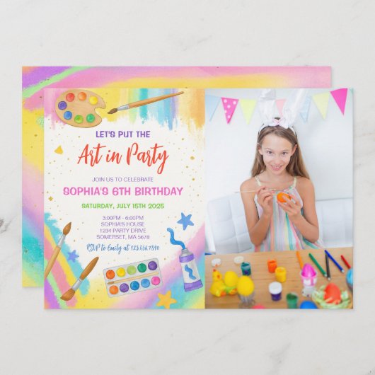 編集可能アート絵を描パーティーのパーティー誕生日写真 招待状 (正面/裏面)