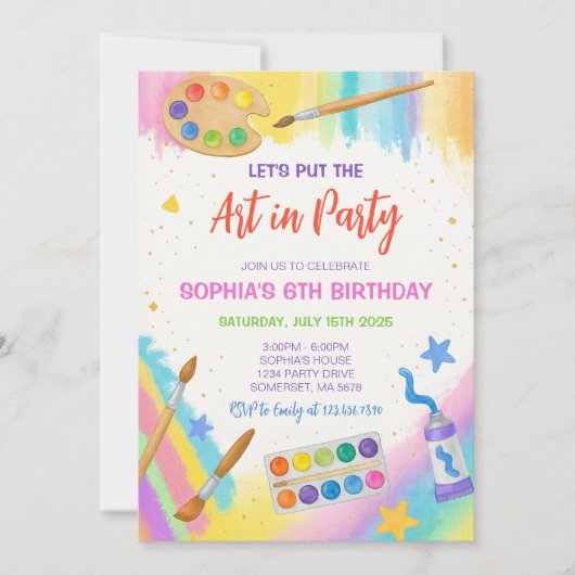 編集可能アート絵を描パーティーパーティー誕生日 招待状 (正面)