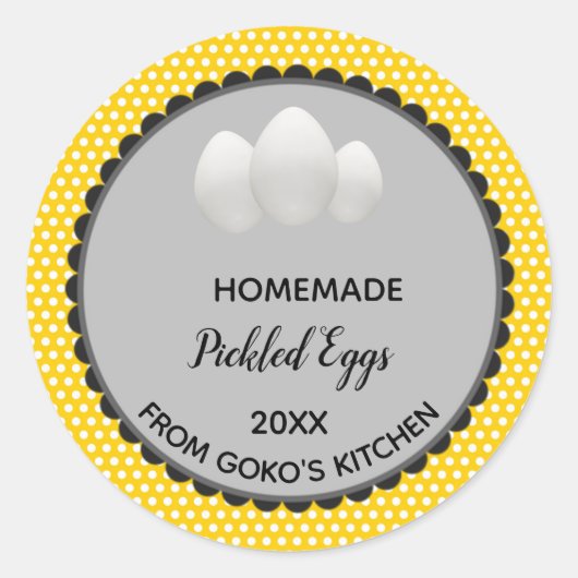 編集可能イエロー水玉模様漬け卵ラベル ラウンドシール (正面)