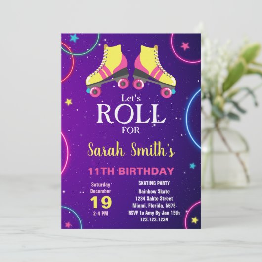 編集可能イエロー&ピンクローラスケートパーティー招待状 招待状 (スタンド正面)