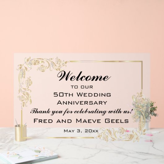 編集可能ウェルカム金ゴールドフレーム アクリルサイン (ウェディング)