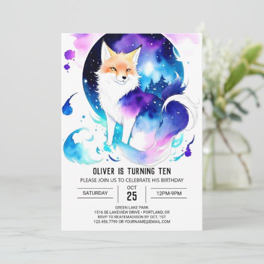 編集可能ウッドランドキツネ誕生日パーティー 招待状 (スタンド正面)