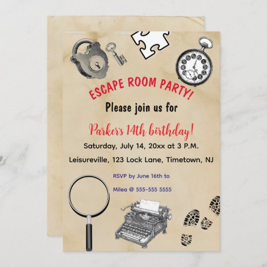 編集可能エスケープルームパーティの招待状 招待状 (正面/裏面)