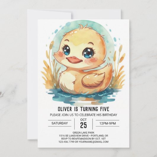 編集可能エレガントダック誕生日 招待状 (正面)