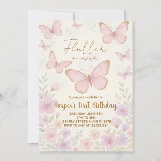 編集可能エレガントバタフライ誕生日招待状 招待状 (正面)