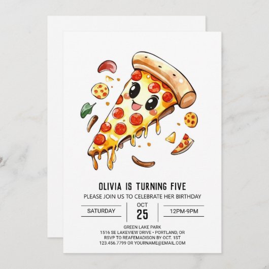 編集可能エレガントピザ誕生日 招待状 (正面/裏面)