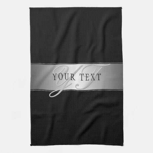 編集可能エレガントモノグラム書スクリプト | ブラック キッチンタオル (縦)