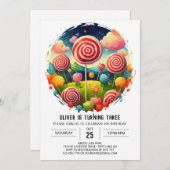 編集可能エレガント棒つきキャンデー誕生日 招待状 (正面/裏面)