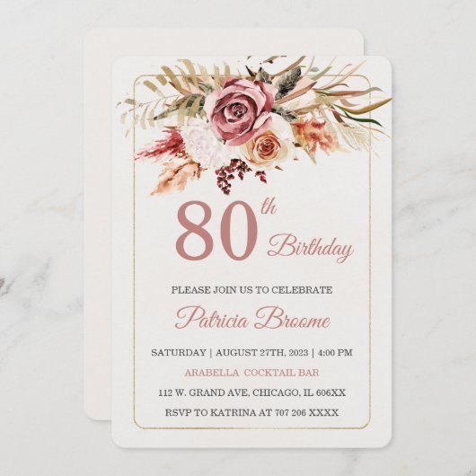 編集可能エレガント80番目の誕生日テンプレート 招待状 (正面/裏面)