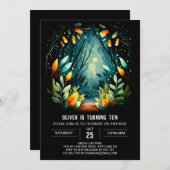 編集可能エンチャントフォレストウッドランド誕生日 招待状 (正面/裏面)