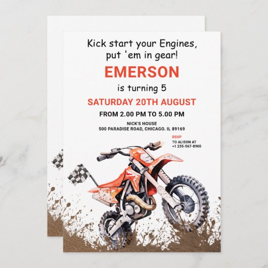 編集可能オレンジダートバイク誕生日招待状 招待状 (正面/裏面)