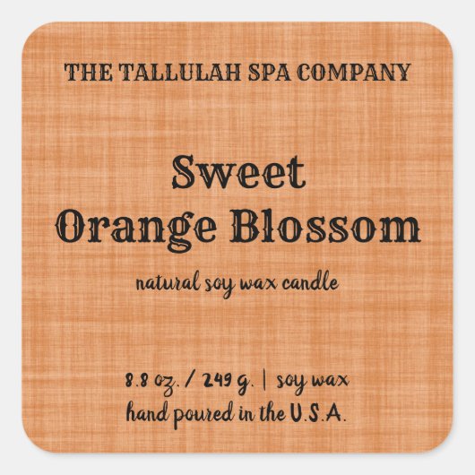 編集可能オレンジリネンキャンドルラベル スクエアシール (正面)